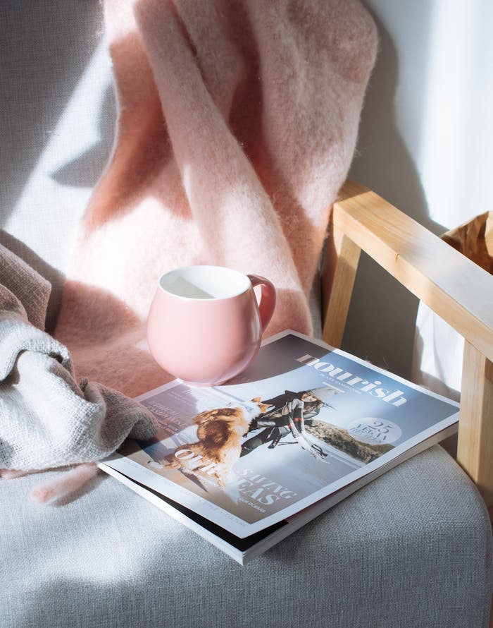 embark A warm scene featuring a pink mug and magazine on a wooden chair, bathed in sunlight.